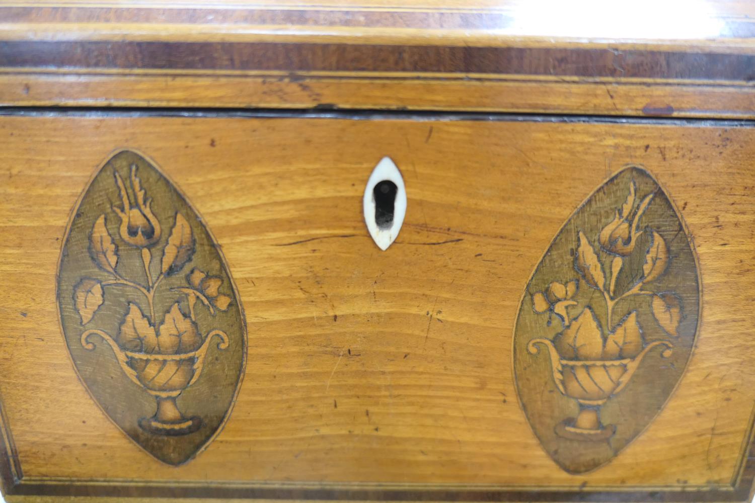 George III satinwood and inlaid tea caddy, circa 1790, of domed casket form, the front panel - Image 2 of 5