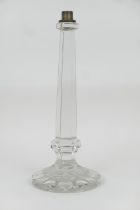 Late Victorian heavy cut glass lamp base, with tapered hexagonal column over a stepped circular