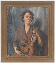 Yule Hayes, Portrait of Mrs Mervyn Evans with violin, oil on canvas, signed and dated 1953, titled