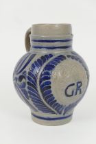 German Westerwald stoneware jug, baluster form moulded with GR cypher beneath a crown, bordered with