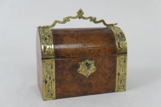 Victorian brass mounted burr walnut stationery casket, domed form opening to a comparted interior,
