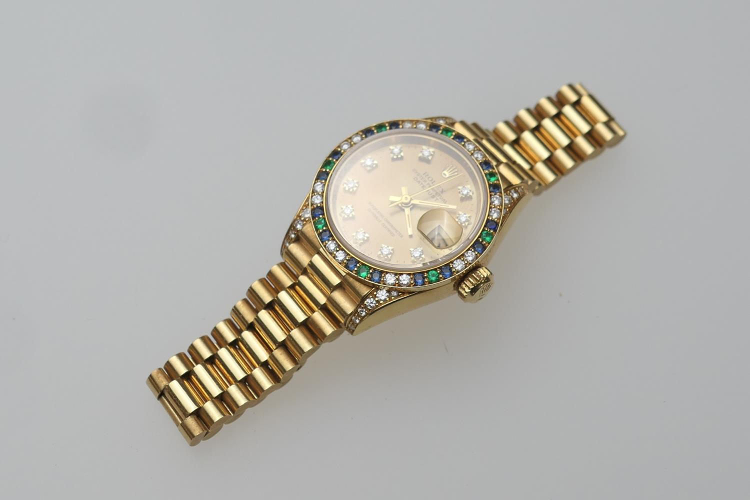 Rolex Lady-Datejust diamond, sapphire and emerald set 18ct gold Oyster Perpetual wristwatch, model