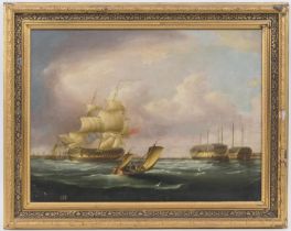 Follower of Francis Swaine, Man of War entering a harbour, oil on canvas, 45.5cm x 60cm (Please note