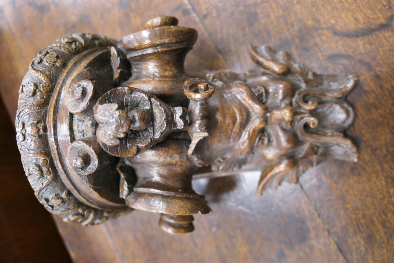 Late 17th Century carved oak bracket, carved with a grotesque mask and paper scroll, 22cm x 16. - Image 3 of 7