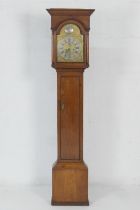 Provincial oak longcase clock, 12'' brass arched dial with silvered chapter ring and Old Father Time