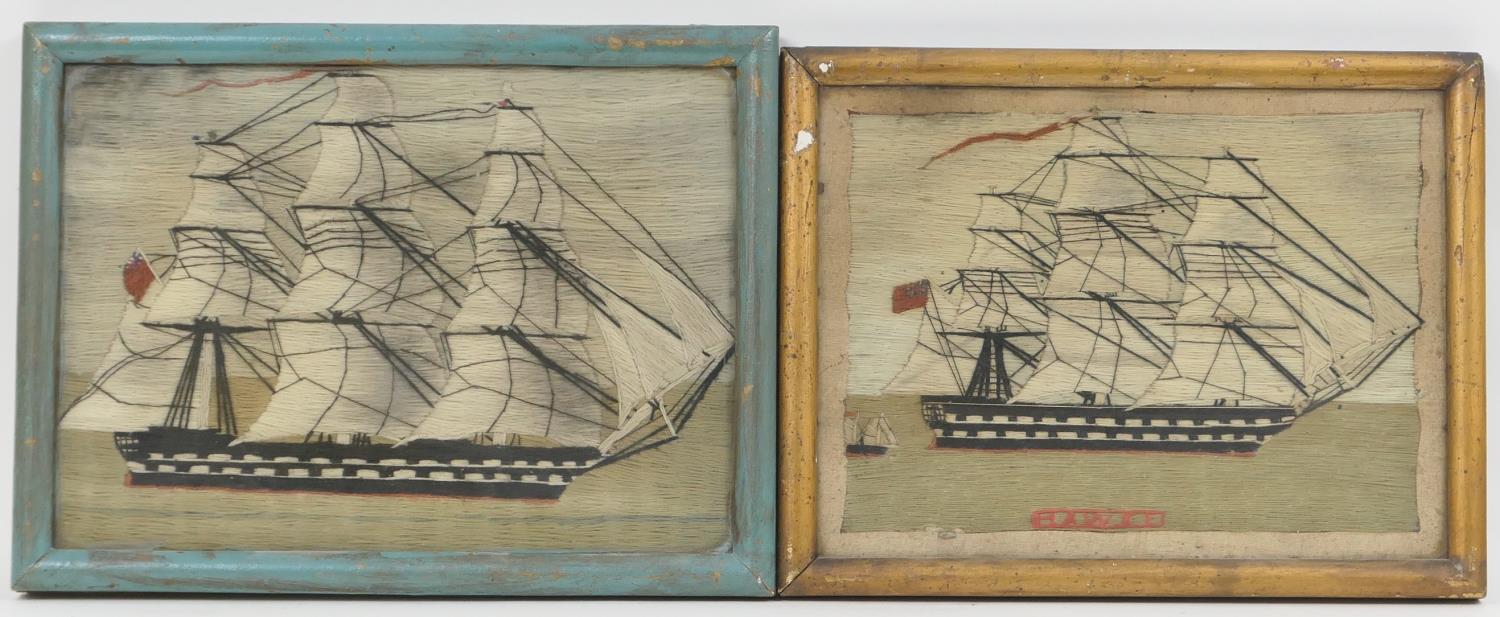 Victorian woolwork ship portrait of HMS Hawke, framed, 25cm x 33cm; also a similar tapestry ship