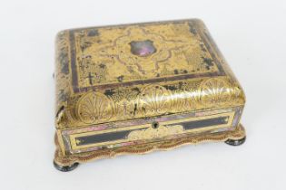 Victorian gilded papier mache jewellery box, circa 1850, decorated with anthemion and with mother of