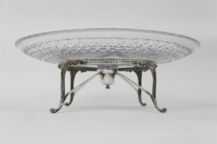 Late Victorian cut glass table centre, circa 1900, large strawberry cut bowl supported on a silver