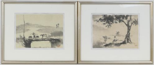 Vietnamese School (20th Century), Pair, Farmer in a landscape, ink and watercolour wash,