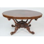 Victorian burr walnut breakfast or supper table, circa 1840-60, the finely figured quarter