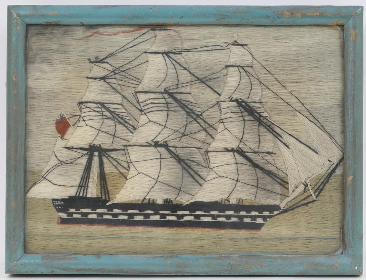 Victorian woolwork ship portrait of HMS Hawke, framed, 25cm x 33cm; also a similar tapestry ship - Image 3 of 3
