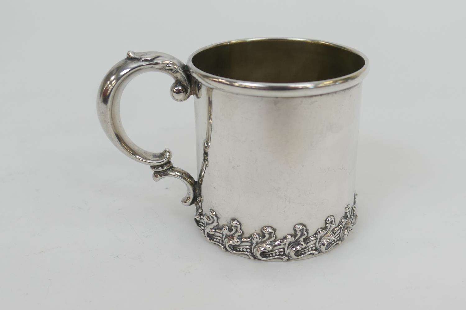 Sterling silver christening tankard, probably American circa 1920, straight sided form with a band