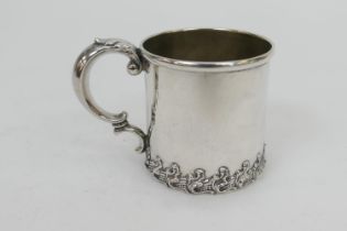 Sterling silver christening tankard, probably American circa 1920, straight sided form with a band