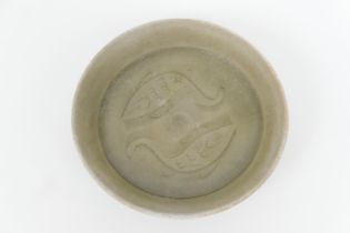 Chinese Longquan celadon dish, 12th or 13th Century, carved with twin fishes, 12.5cm diameter