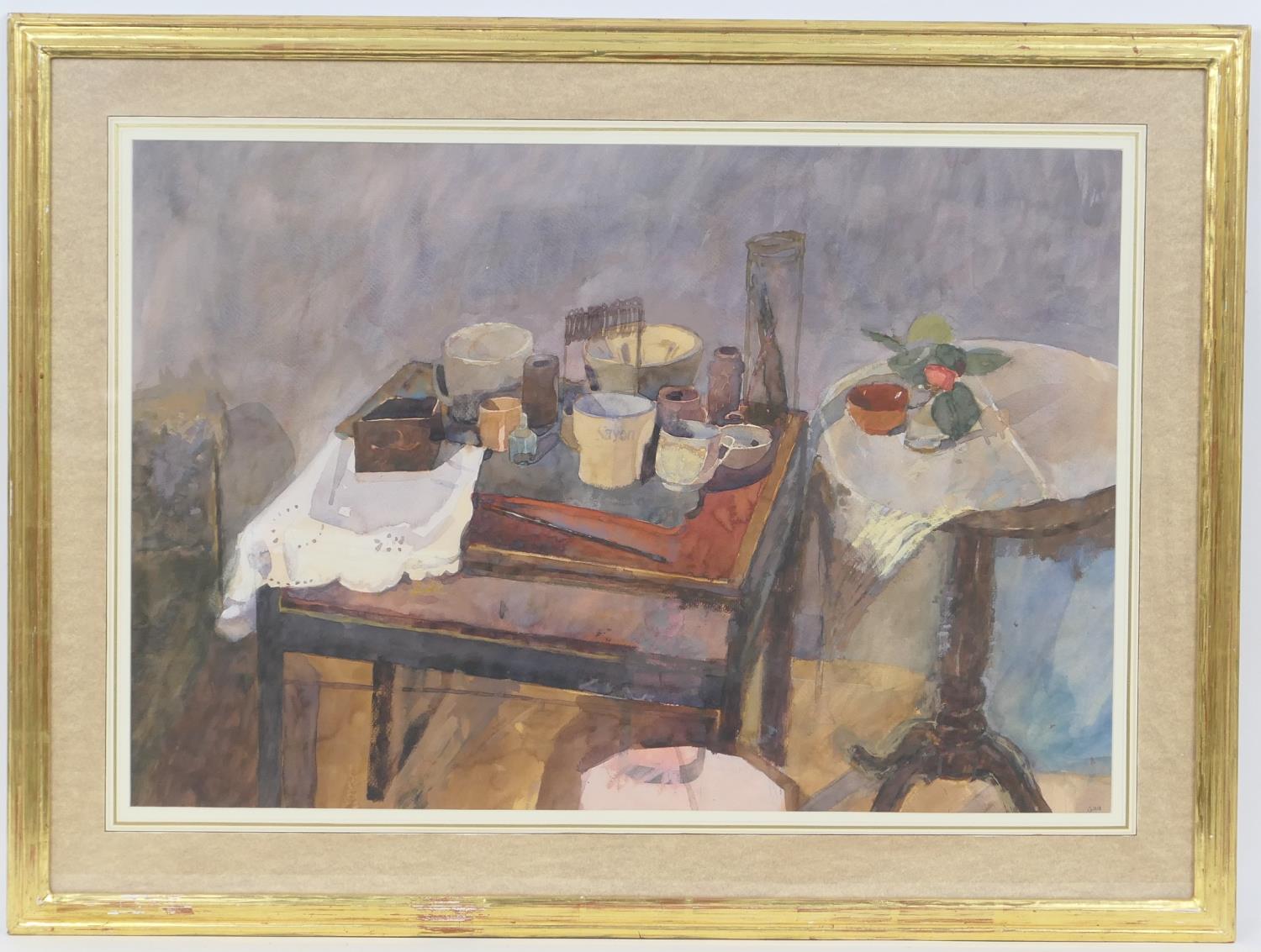 Christa Gaa (1937-92), Still life with vessels on tables, watercolour, signed, 48cm x 70cm (Please