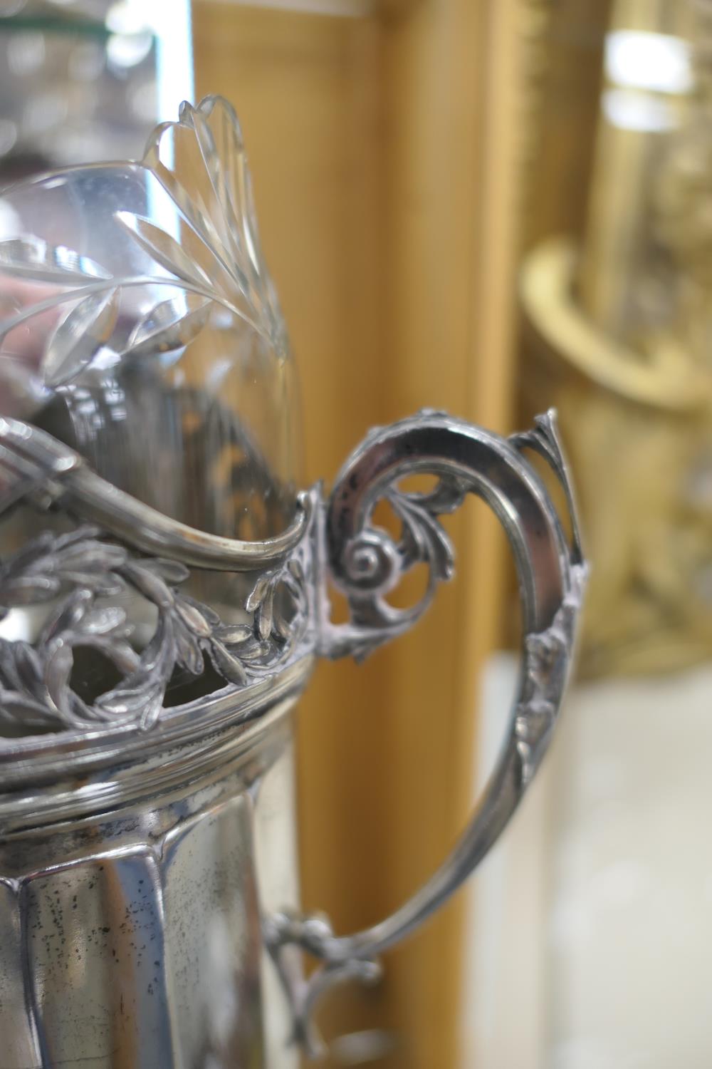 Pair of Kaiser silver plated vases, circa 1910, each having a cut and shaped glass liner, with - Image 4 of 7