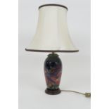 Moorcroft Finches and Berries ovoid table lamp, complete with original wooden base and cream