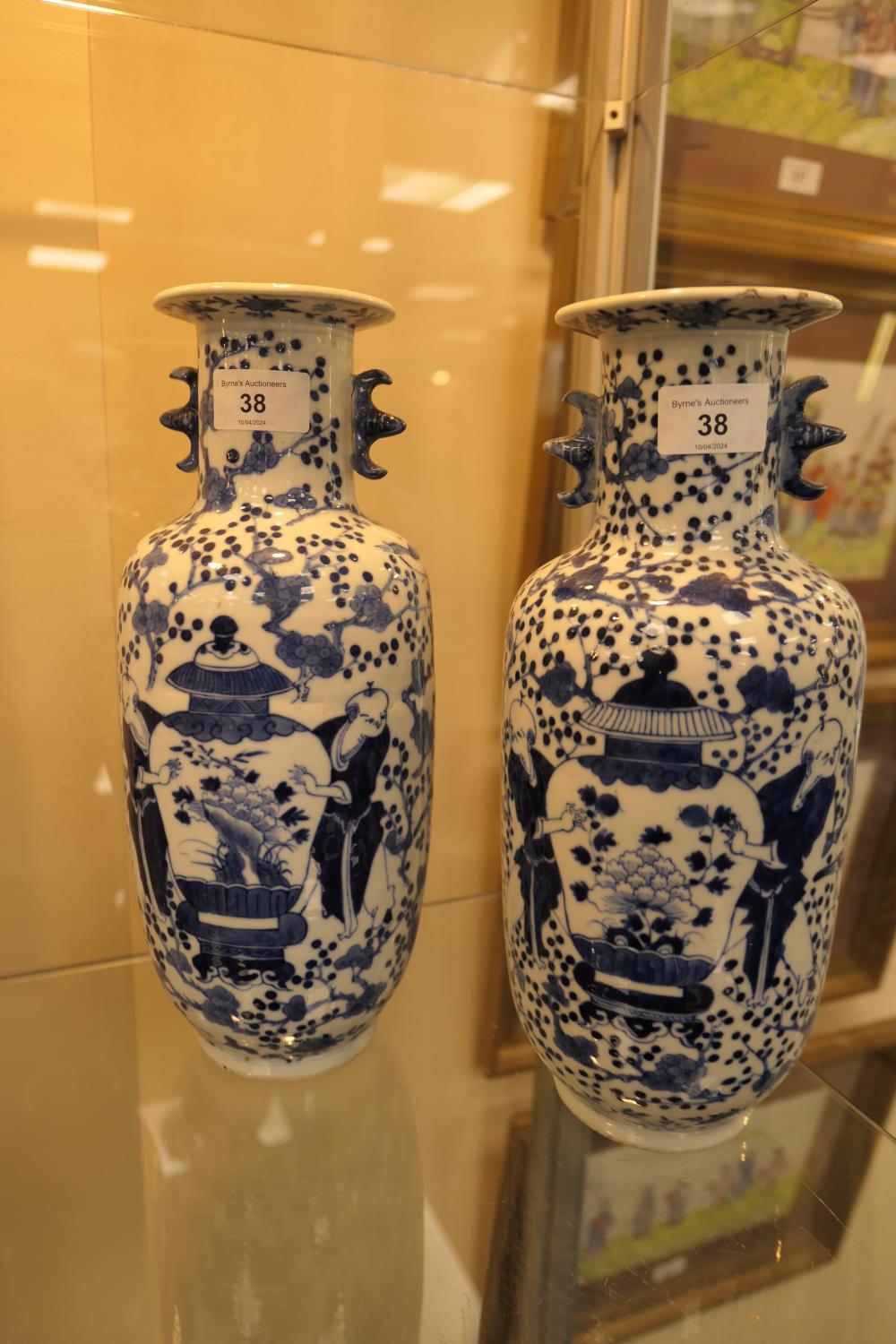 Matched pair of Chinese blue and white vases, late 19th Century, of rouleau form decorated with - Image 2 of 7