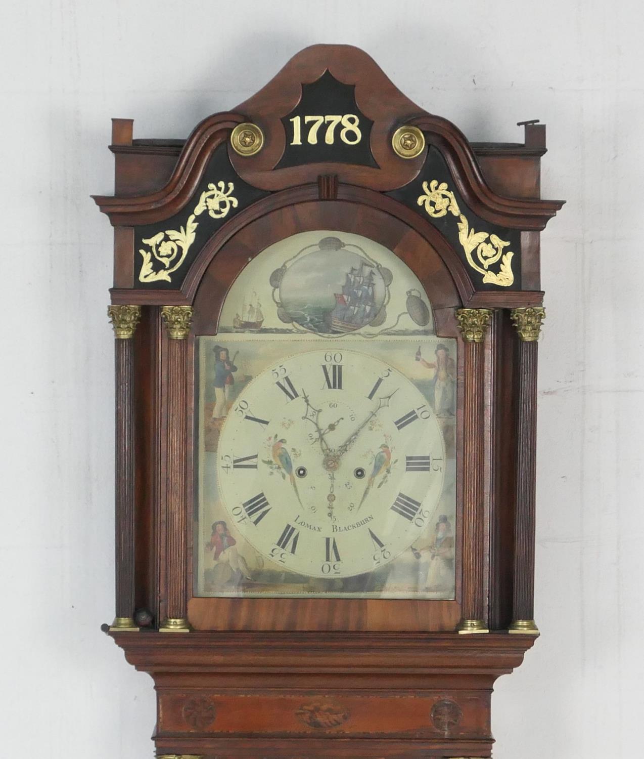 James Lomax, Blackburn, a mahogany and inlaid eight day longcase clock, the hood with verre eglomise - Image 2 of 2