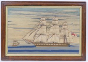 Victorian woolwork tapestry featuring an English clipper on calm seas, within a contemporary