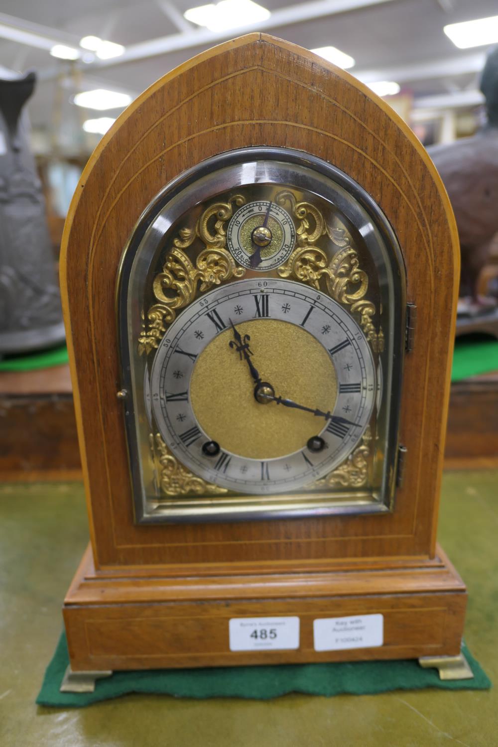 Winterhalder & Hofmeier mahogany cased chiming mantel clock, the lancet shaped case enclosing a - Image 2 of 7