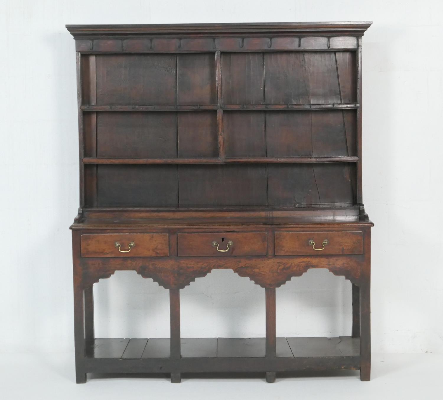Early George III oak dresser and plate rack, possibly Montgomeryshire, circa 1760, the boarded