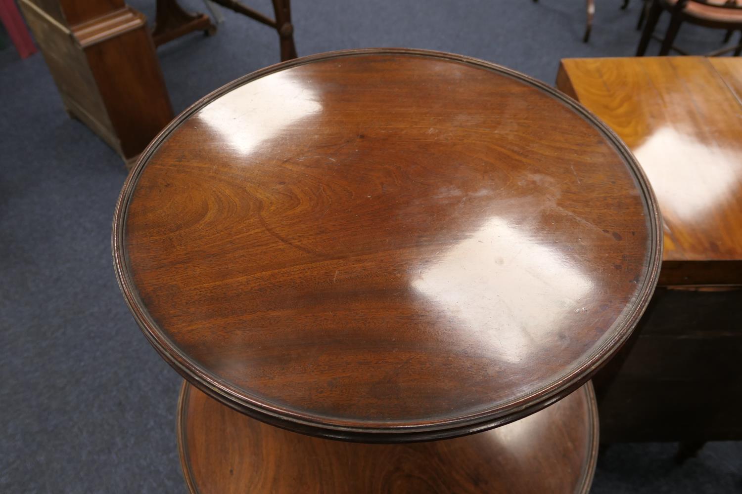 George III mahogany dumb waiter, pedestal form with two circular moulded edge shelves, on a turned - Image 3 of 7