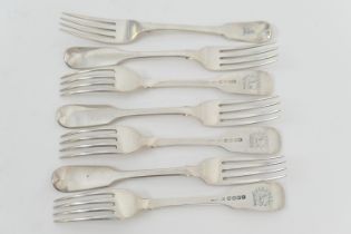 Six George IV silver fiddle pattern table forks, by Walter Thornhill, London 1828; also a George III