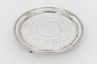 George III silver teapot stand, maker W.T, London 1783, foliate engraved decoration, raised on