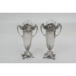 Pair of Kaiser silver plated vases, circa 1910, each having a cut and shaped glass liner, with