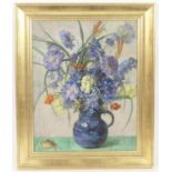 Monogrammist M.E.S., Still life of mixed summer flowers in a jug, oil on canvas, signed with a