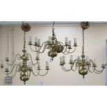 Pair of Dutch style brass eight branch chandeliers, modern, 39cm drop, with the addition of