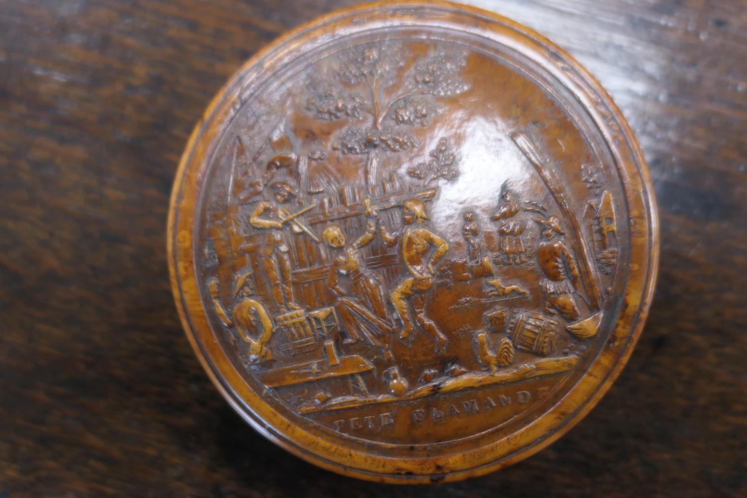 Pressed burr wood circular snuff box, 19th Century, the cover decorated with a scene of revellers, - Image 4 of 8