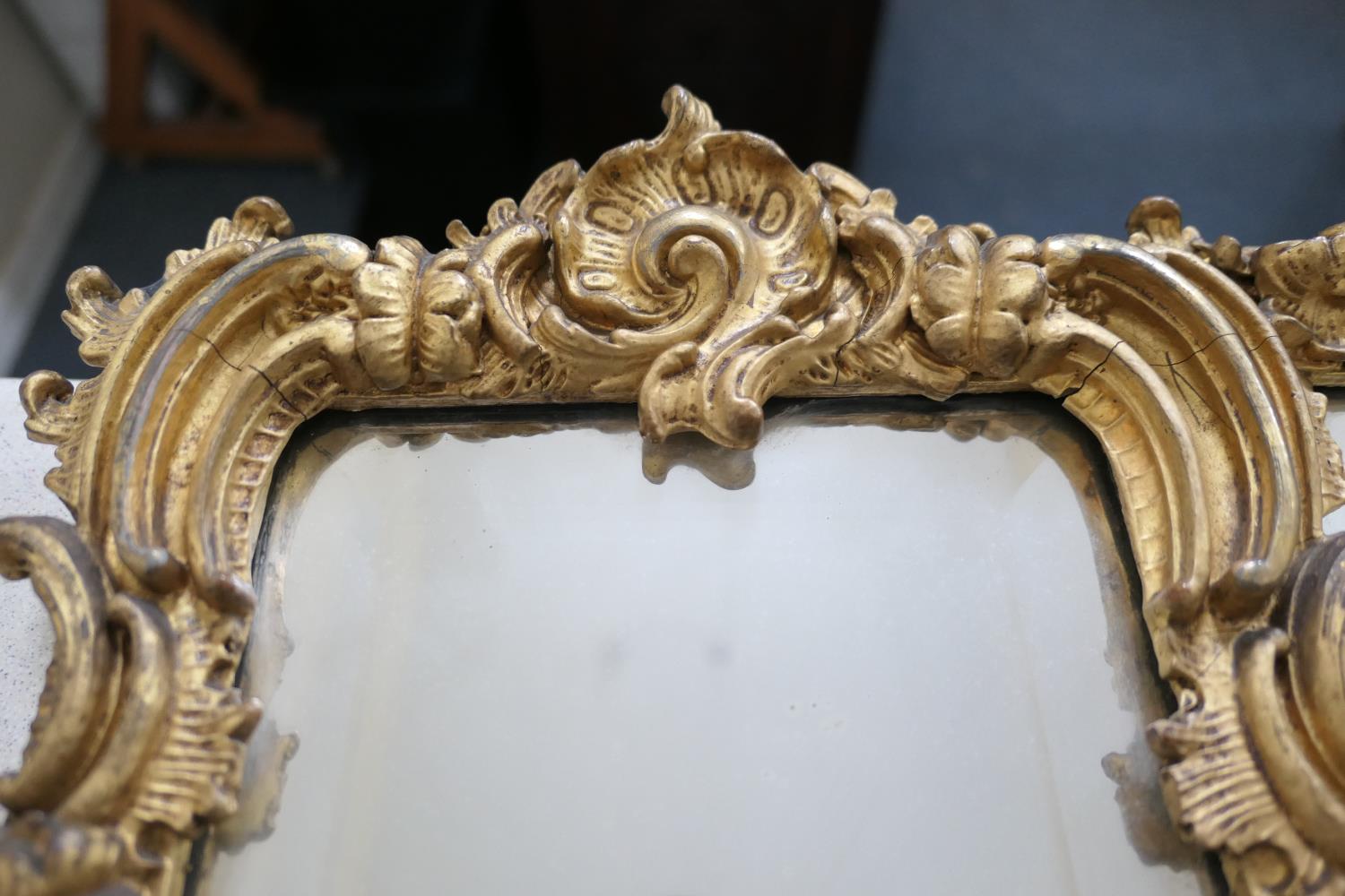 Victorian gilt moulded triptych overmantel mirror, mid 19th Century, having three bevelled glass - Image 7 of 9