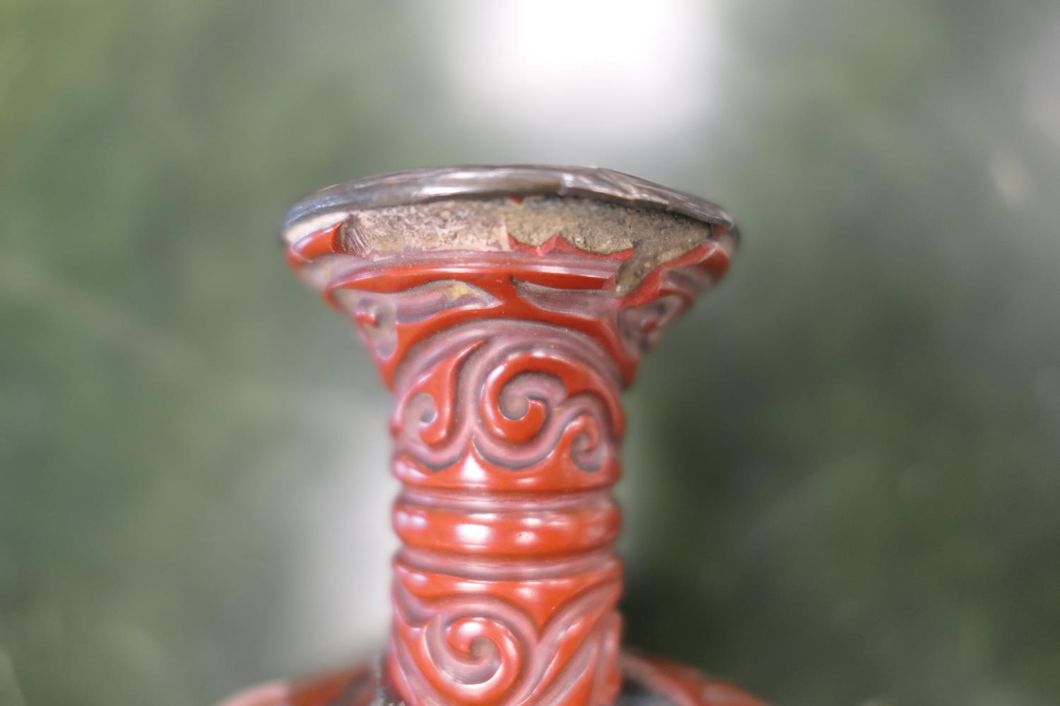 Chinese red guri lacquer stem cup, Ming Dynasty, probably 15th or 16th Century, carved in relief - Image 10 of 15