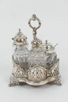 Victorian silver cruet stand, Sheffield 1851, lobed basket form with wooden base and centred with