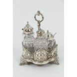 Victorian silver cruet stand, Sheffield 1851, lobed basket form with wooden base and centred with