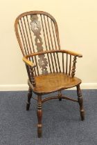 Yewood and elm high back Windsor chair, with crinoline stretcher, width 53cm, height 110cm (Please
