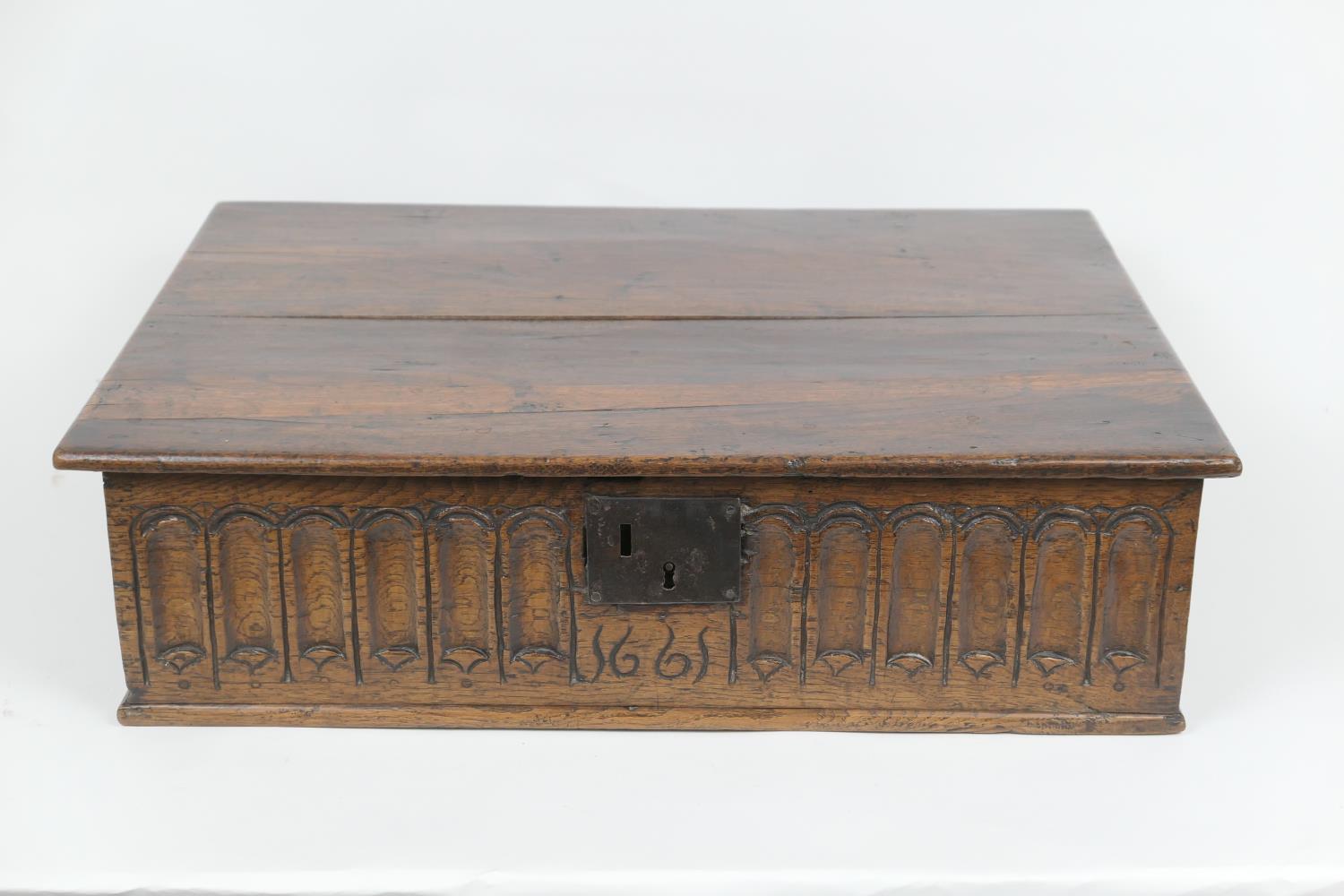 Oak bible box, 18th Century with later alterations, hinged cover opening to reveal a later