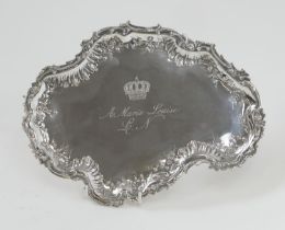 French Rococo silver tray, circa 1810, irregular shaped form with raised border with rocaille and