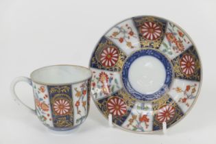 Worcester cup and saucer in the Kakiemon palette, circa 1770, hatched blue square mark (Please