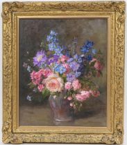 Mabel G Marston (1862-1903), Delphiniums, ramblers and scabious, oil on board, signed, labelled