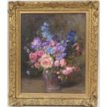 Mabel G Marston (1862-1903), Delphiniums, ramblers and scabious, oil on board, signed, labelled