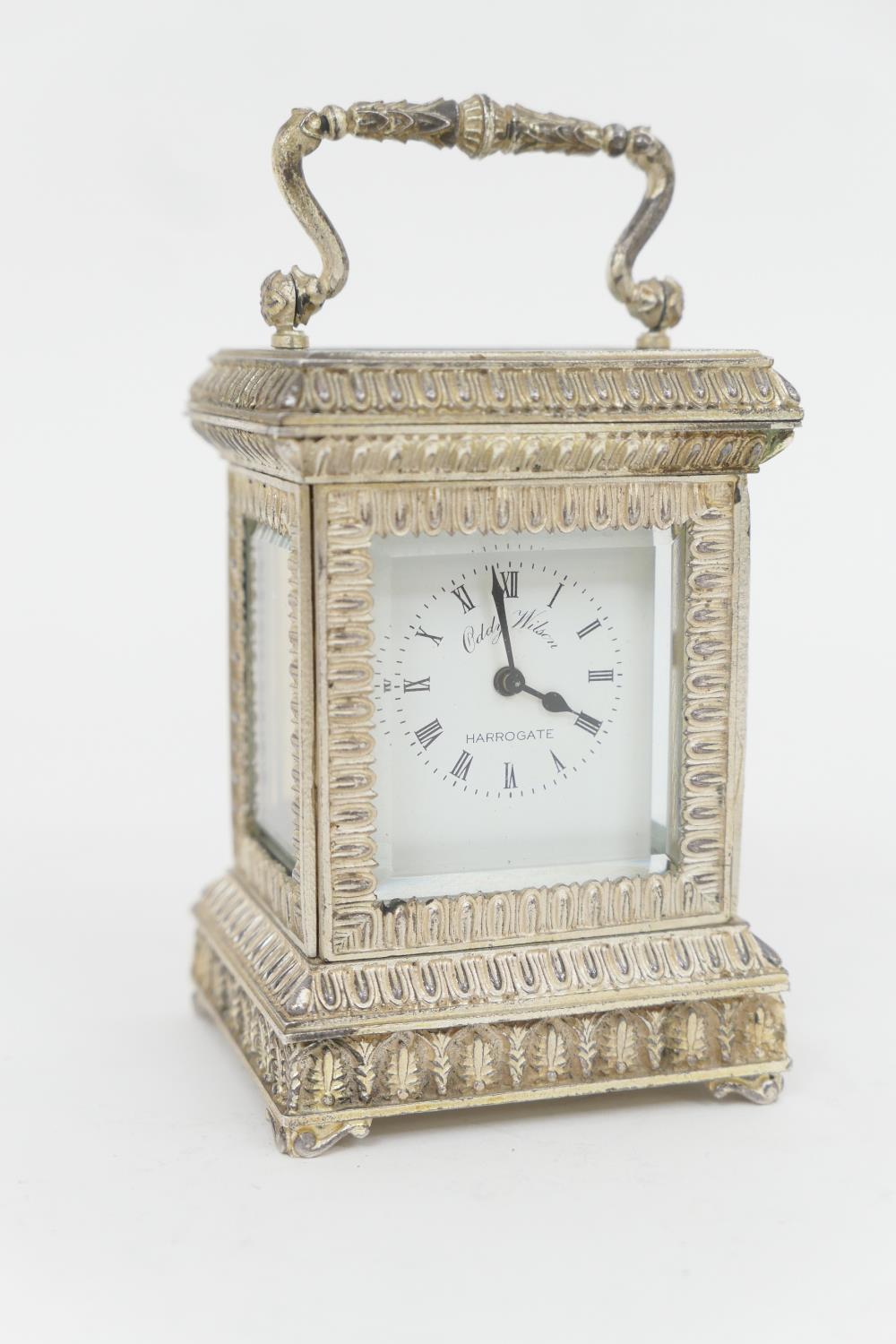 Silver miniature carriage timepiece, hallmarked London 1978, white dial signed 'Oddy Wilson,