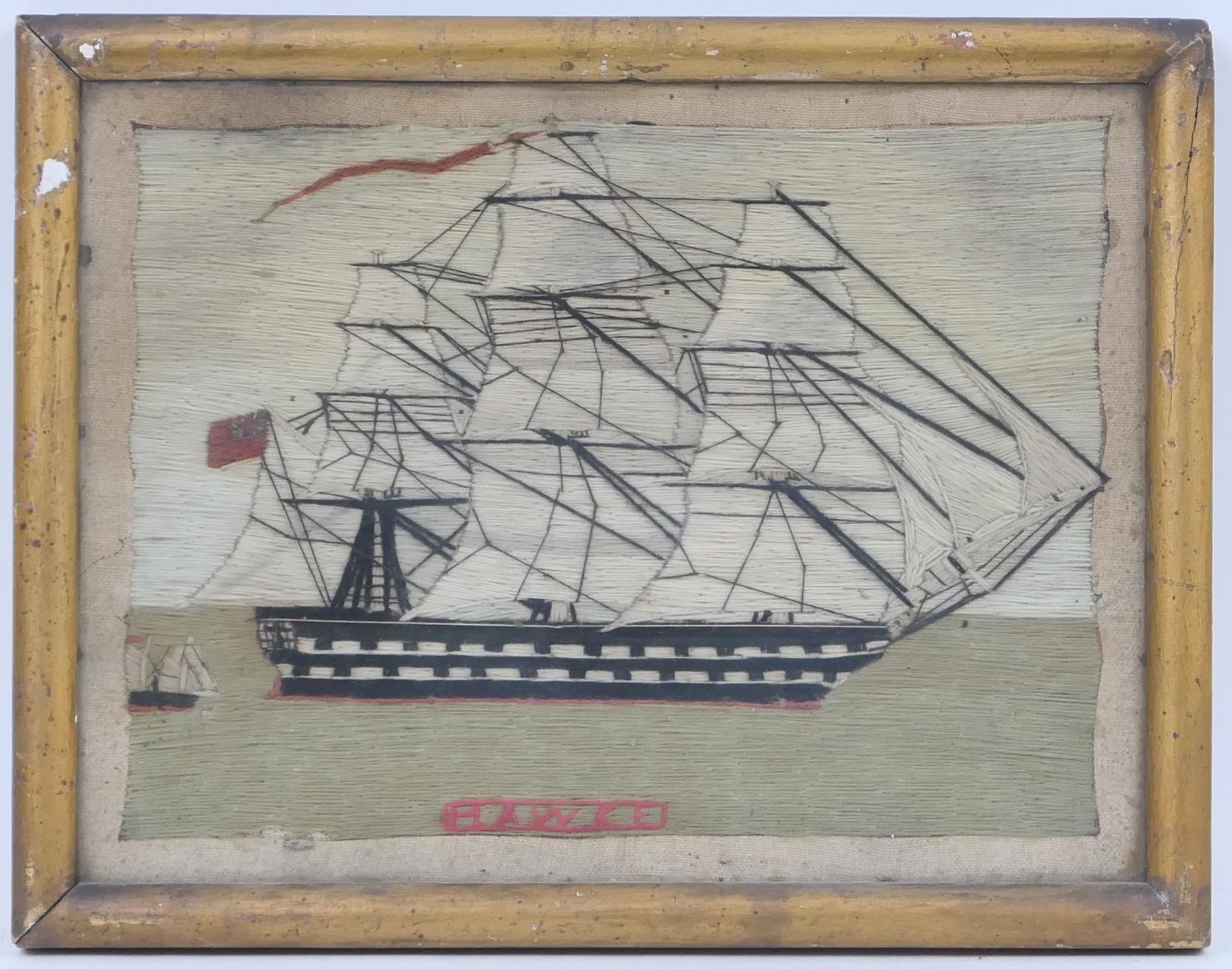 Victorian woolwork ship portrait of HMS Hawke, framed, 25cm x 33cm; also a similar tapestry ship - Image 2 of 3