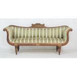 Late Regency mahogany and brass inlaid double scroll end settee, the reeded top rail centred with