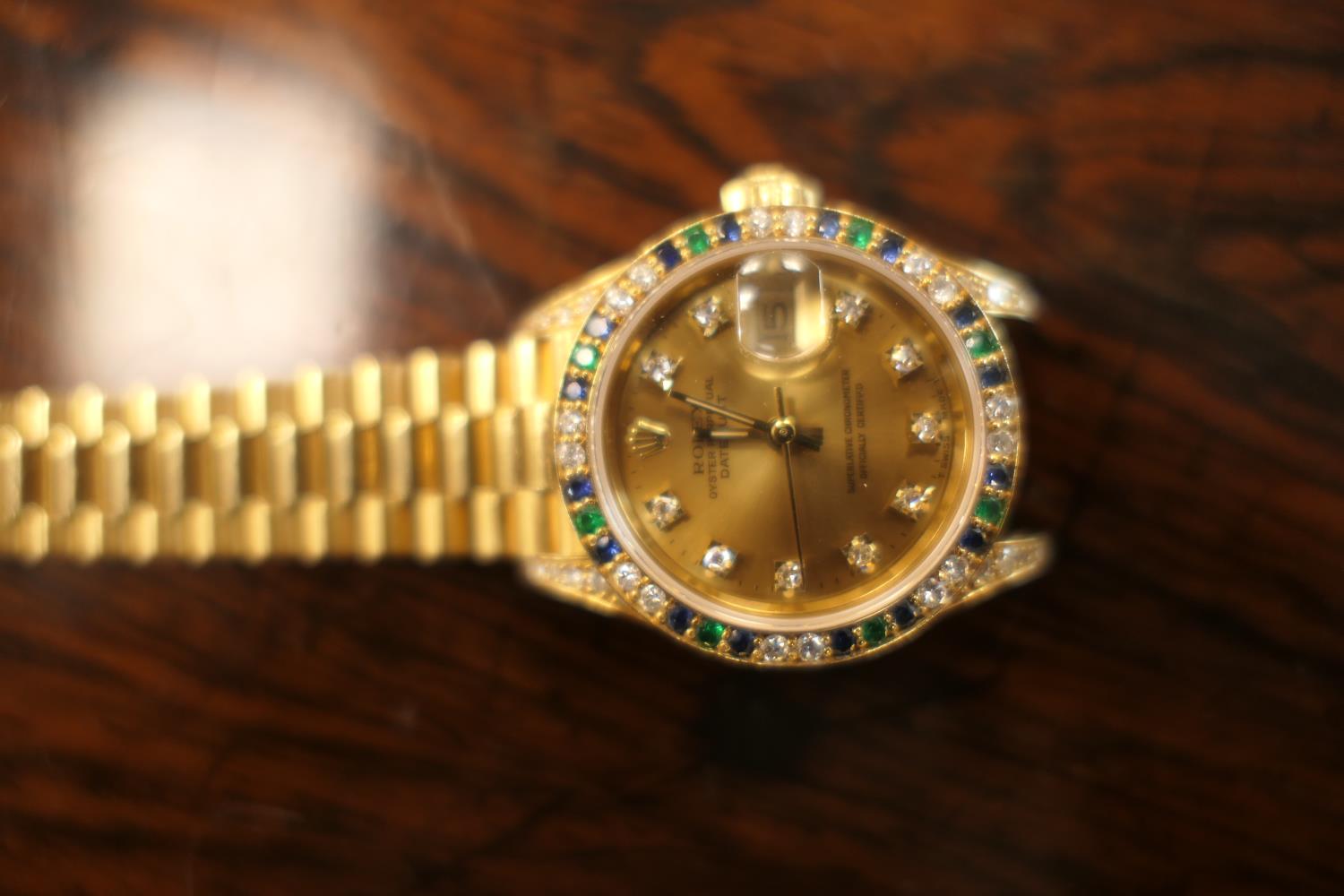 Rolex Lady-Datejust diamond, sapphire and emerald set 18ct gold Oyster Perpetual wristwatch, model - Image 4 of 10