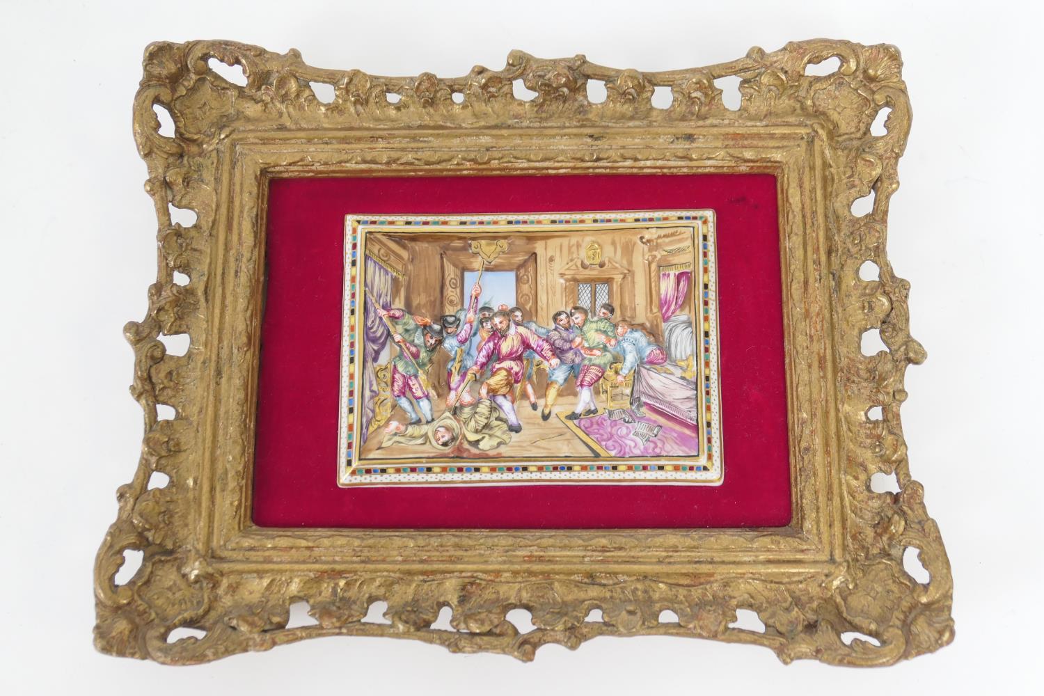 Italian (Naples) porcelain bas relief plaque, featuring an execution, decorated in colours and