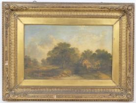 English School (early 19th Century), Pastoral scene with figures by a cottage, oil on panel,