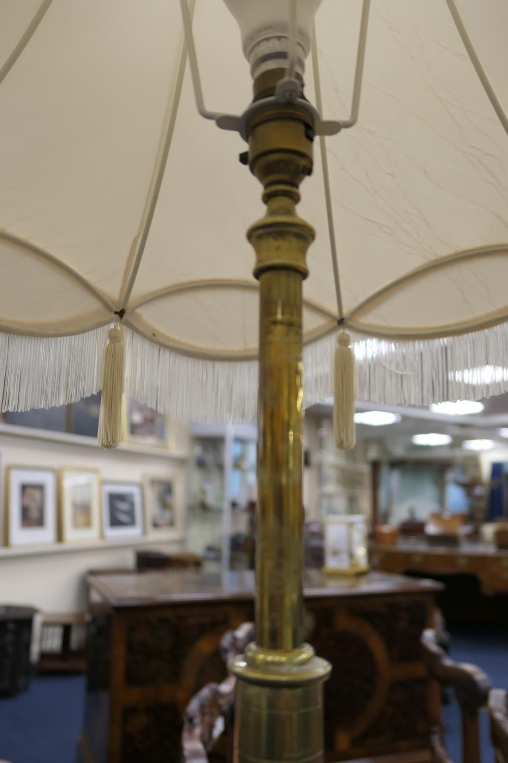Edwardian brass extending standard lamp, centred with a galleried circular tray detailed with - Image 5 of 9